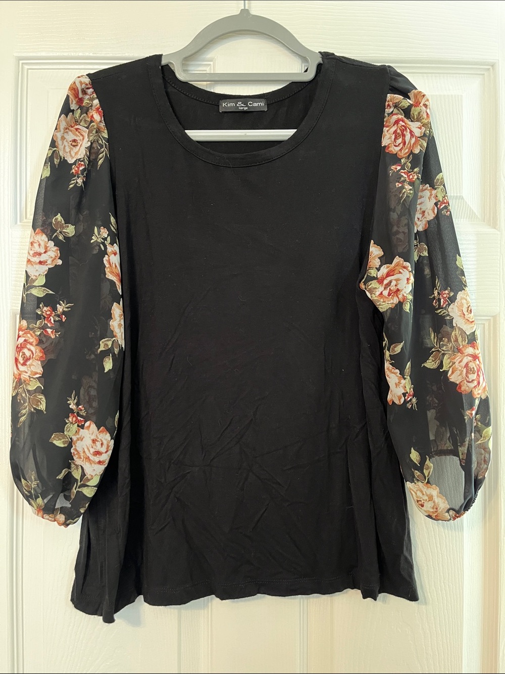 Kim & Cami Black Top with Floral Puff Sleeves